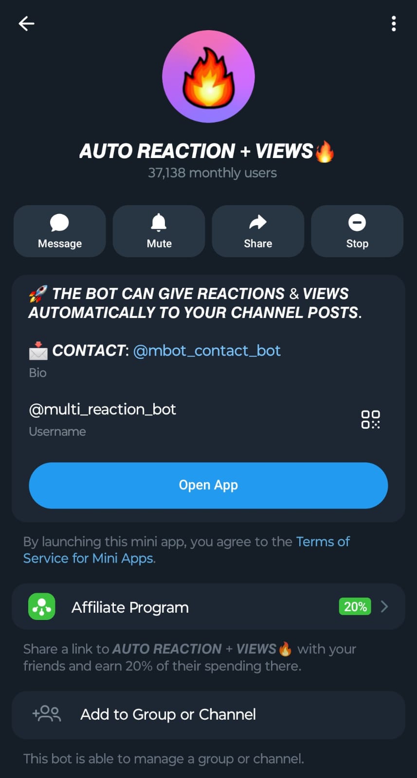 MBot Telegram bot profile — @multi_reaction_bot with 37,138 monthly users