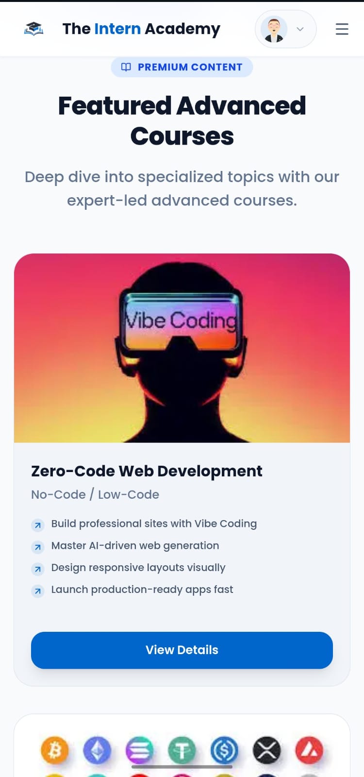 The Intern Academy's Featured Advanced Courses page showing Zero-Code Web Development and Vibe Coding
