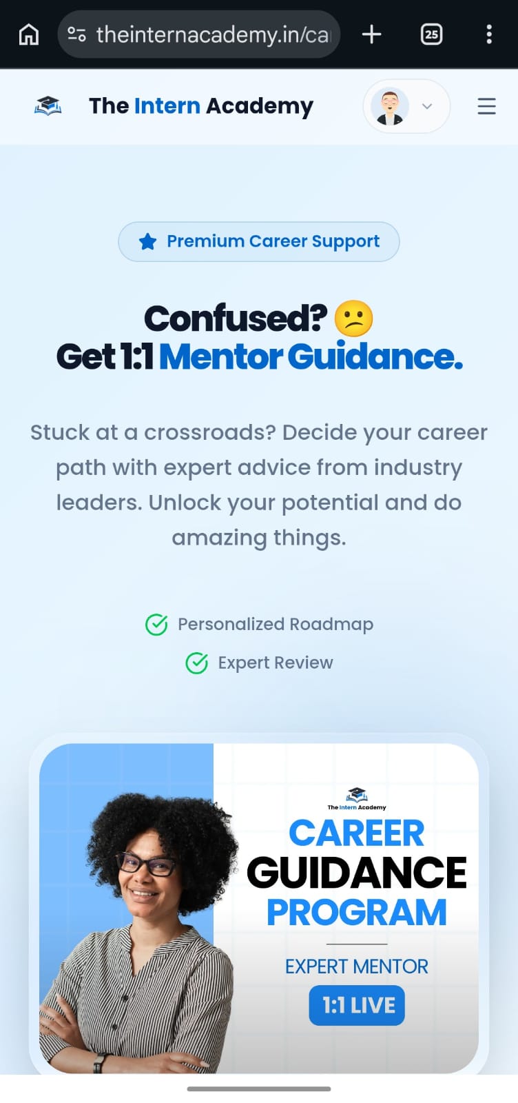 The Intern Academy Career Guidance page showing 1:1 Mentor Guidance with personalized roadmap and expert review
