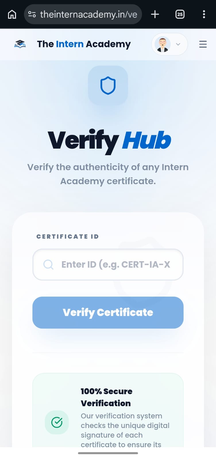 The Intern Academy Verify Hub page showing certificate verification with unique certificate ID