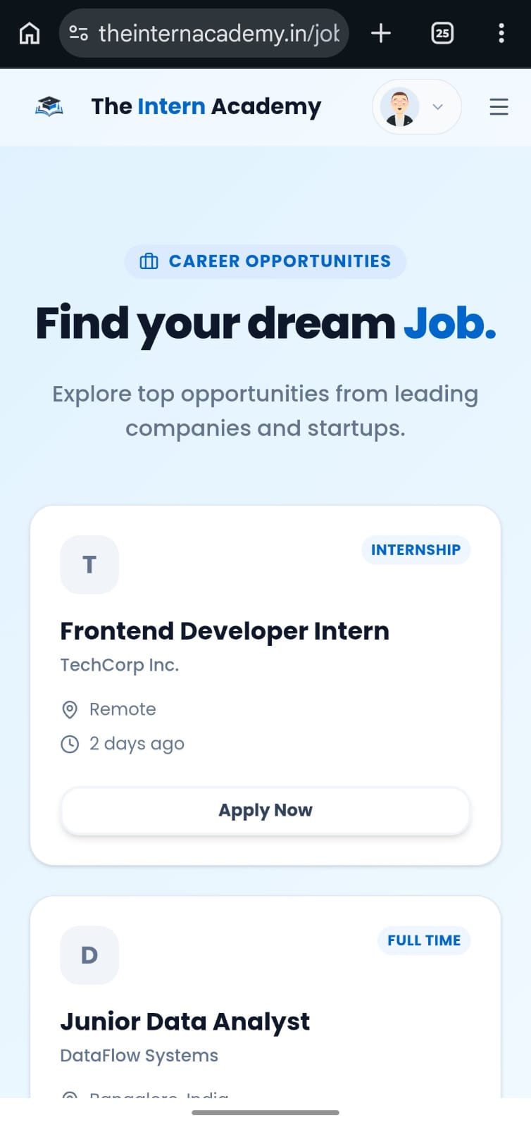 The Intern Academy Job Portal page showing internship and full-time job listings